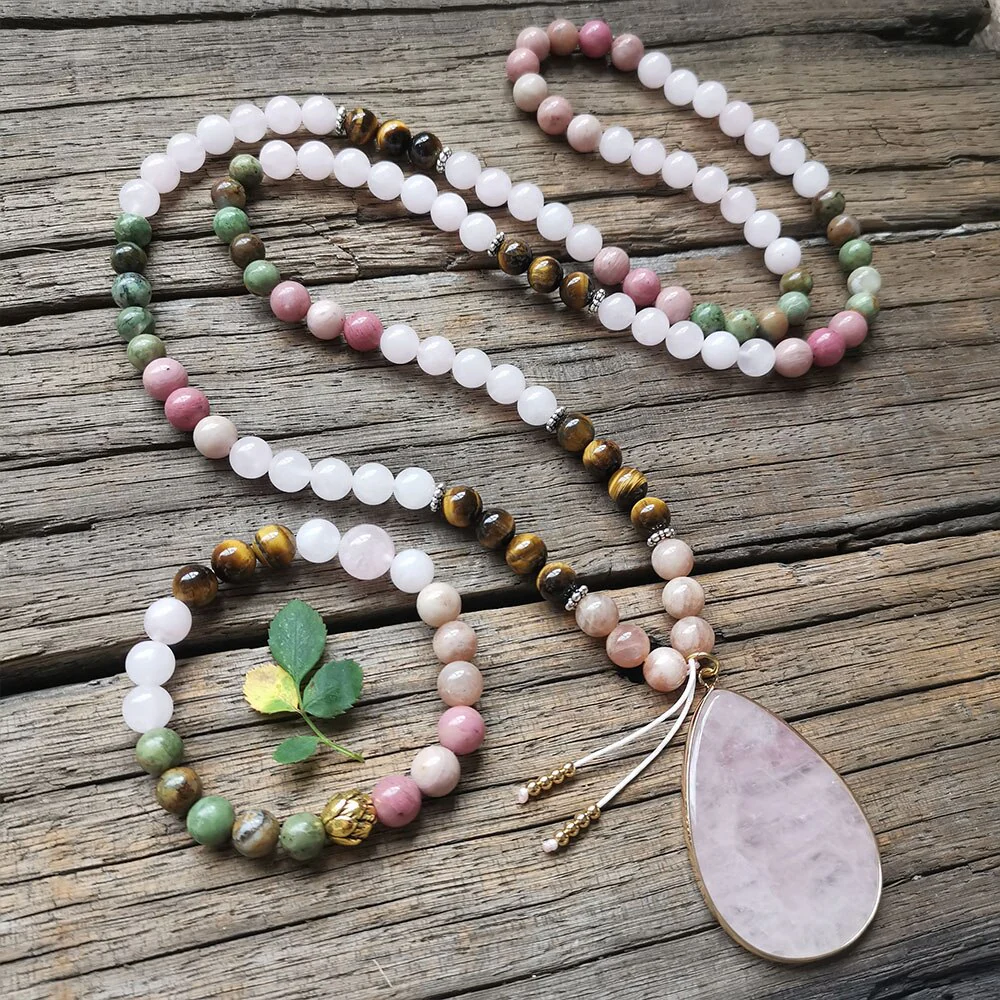 108 Natural Rose Quartz African Turquoise Tiger Eye & Rhodonite Mala Stone Bead Necklace - Image 4