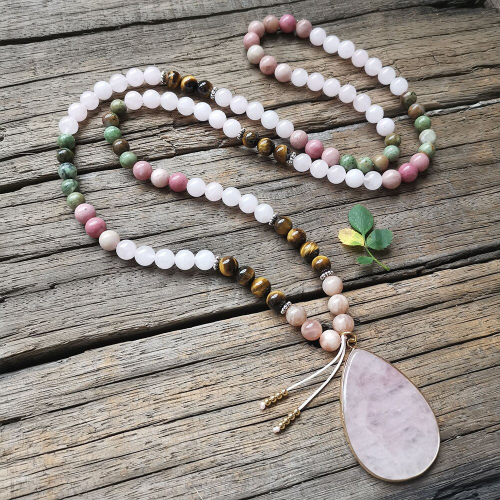 108 Natural Rose Quartz African Turquoise Tiger Eye & Rhodonite Mala Stone Bead Necklace - Image 7