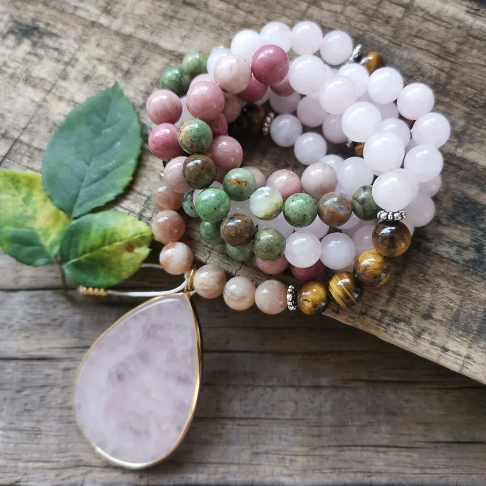 108 Natural Rose Quartz African Turquoise Tiger Eye & Rhodonite Mala Stone Bead Necklace - Image 8