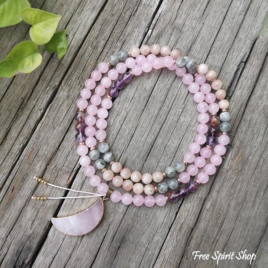 108 Natural Rose Quartz Amethyst & Green Jade Mala Bead Necklace / Bracelet - Image 3