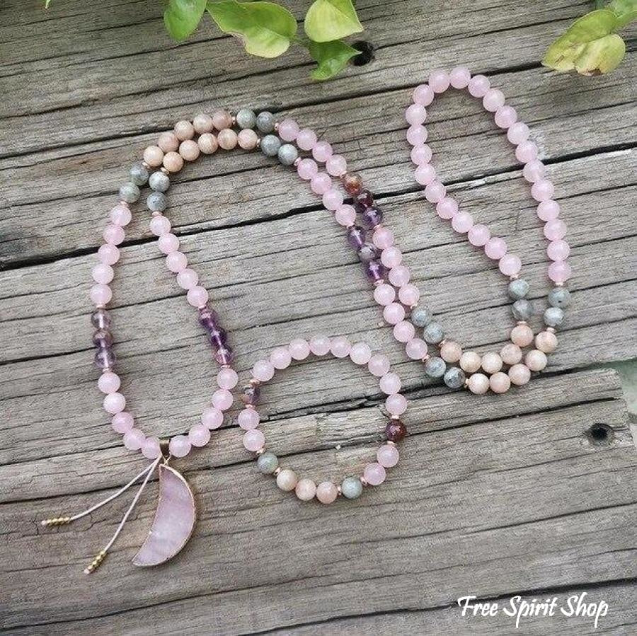 108 Natural Rose Quartz Amethyst & Green Jade Mala Bead Necklace / Bracelet - Image 7