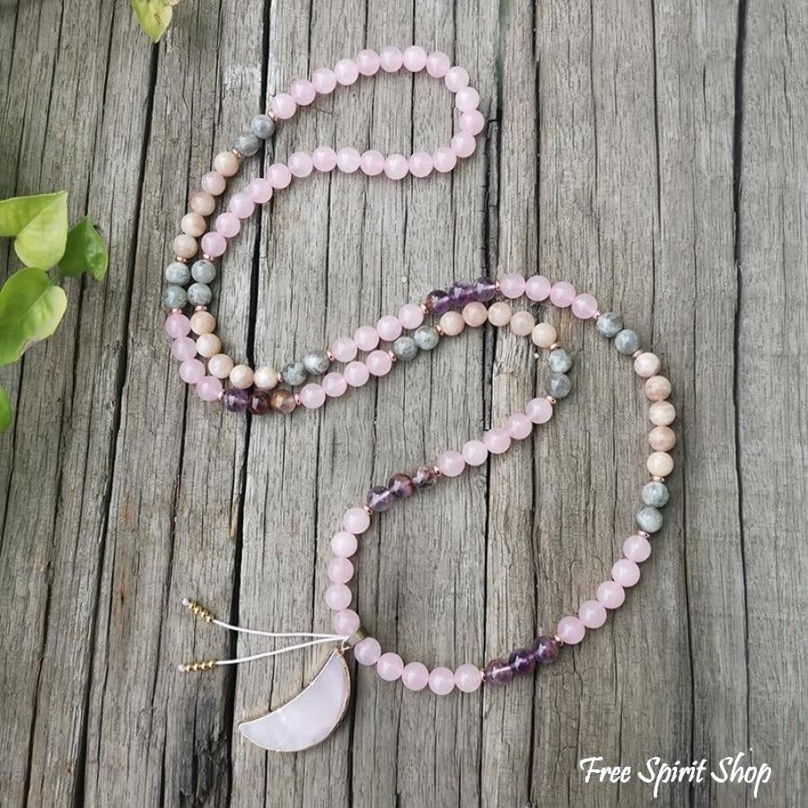 108 Natural Rose Quartz Amethyst & Green Jade Mala Bead Necklace / Bracelet - Image 8