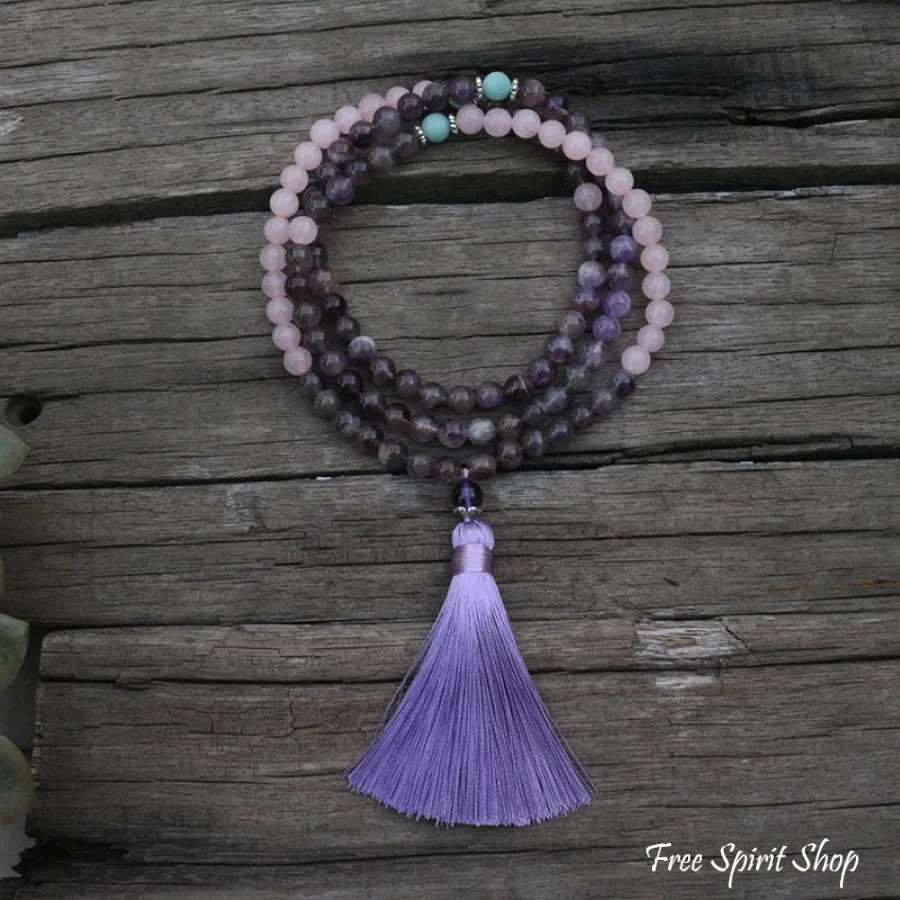 108 Natural Rose Quartz & Amethyst Mala Beads Necklace / Bracelet - Image 3