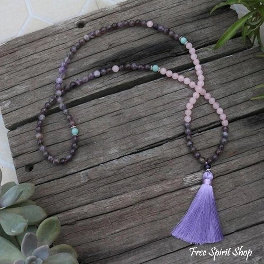 108 Natural Rose Quartz & Amethyst Mala Beads Necklace / Bracelet - Image 4