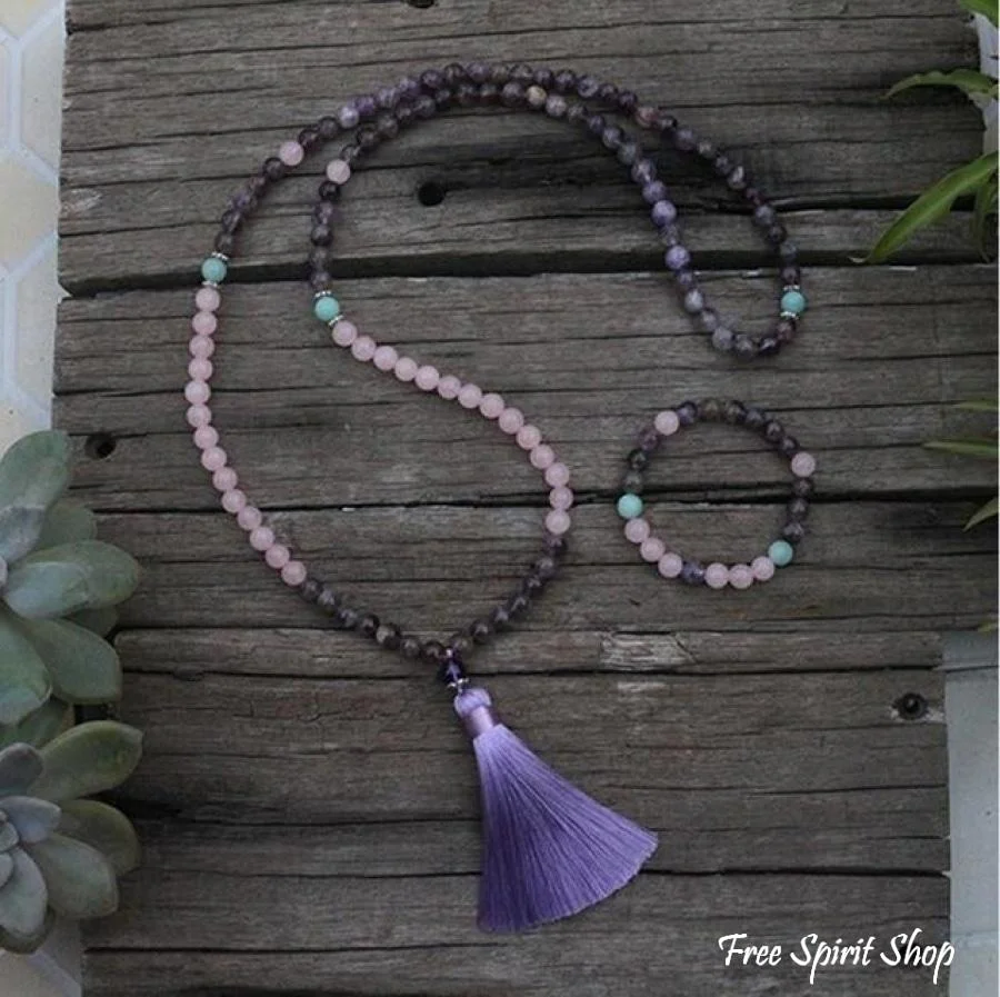 108 Natural Rose Quartz & Amethyst Mala Beads Necklace / Bracelet - Image 5