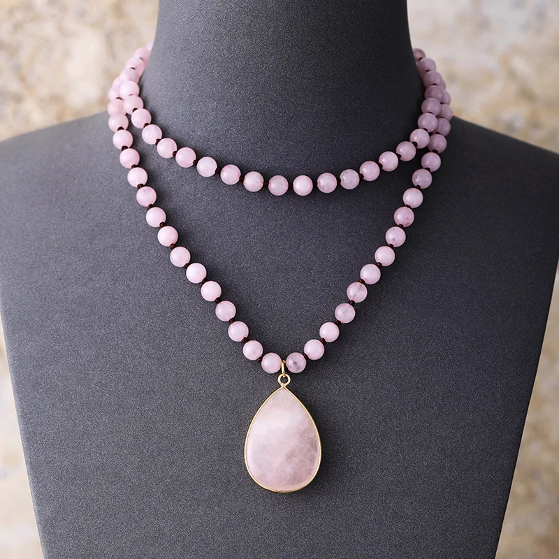 108 Natural Rose Quartz Mala Bead Necklace With Teardrop Pendant - Image 3