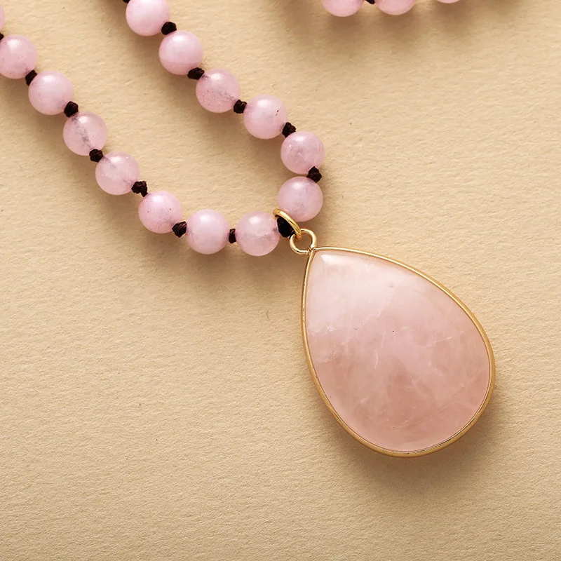 108 Natural Rose Quartz Mala Bead Necklace With Teardrop Pendant - Image 4