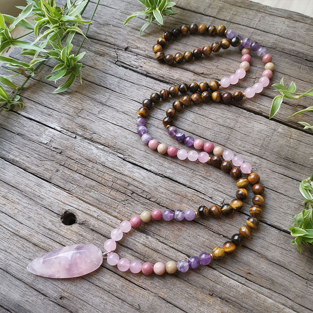 108 Natural Rose Quartz Tiger Eye Amethyst & Rhodonite Mala Bead Necklace - Image 2