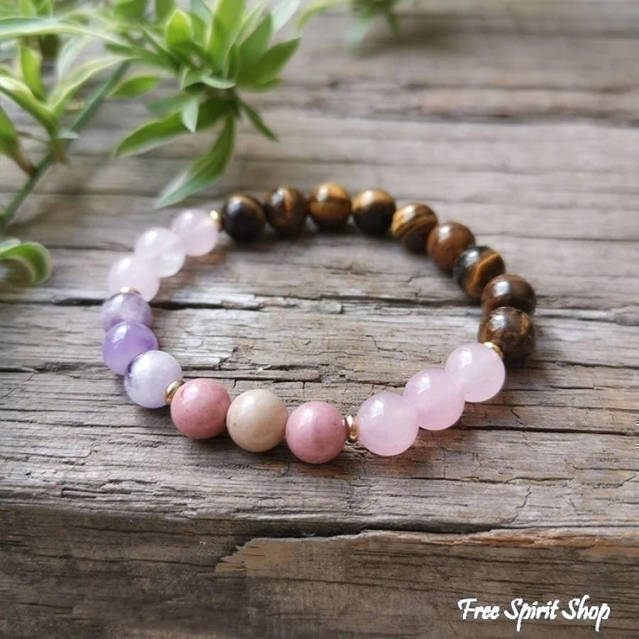 108 Natural Rose Quartz Tiger Eye Amethyst & Rhodonite Mala Bead Necklace - Image 3
