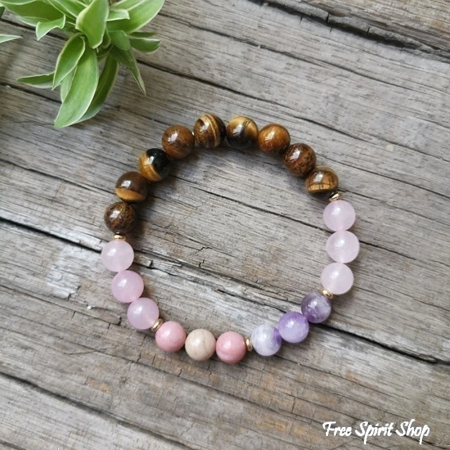 108 Natural Rose Quartz Tiger Eye Amethyst & Rhodonite Mala Bead Necklace - Image 4