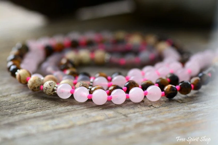 108 Natural Rose Quartz Tiger Eye Jasper Gemstone Mala Bead Necklace - Image 3