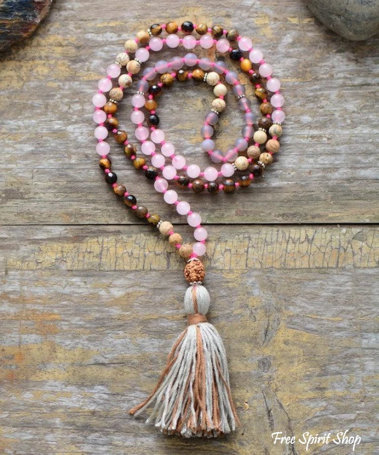 108 Natural Rose Quartz Tiger Eye Jasper Gemstone Mala Bead Necklace - Image 4