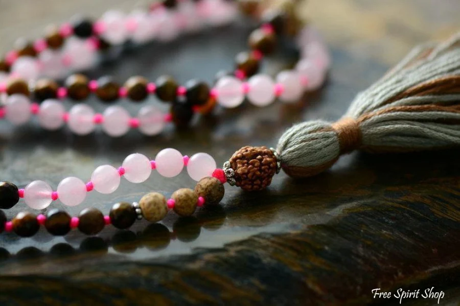 108 Natural Rose Quartz Tiger Eye Jasper Gemstone Mala Bead Necklace - Image 5
