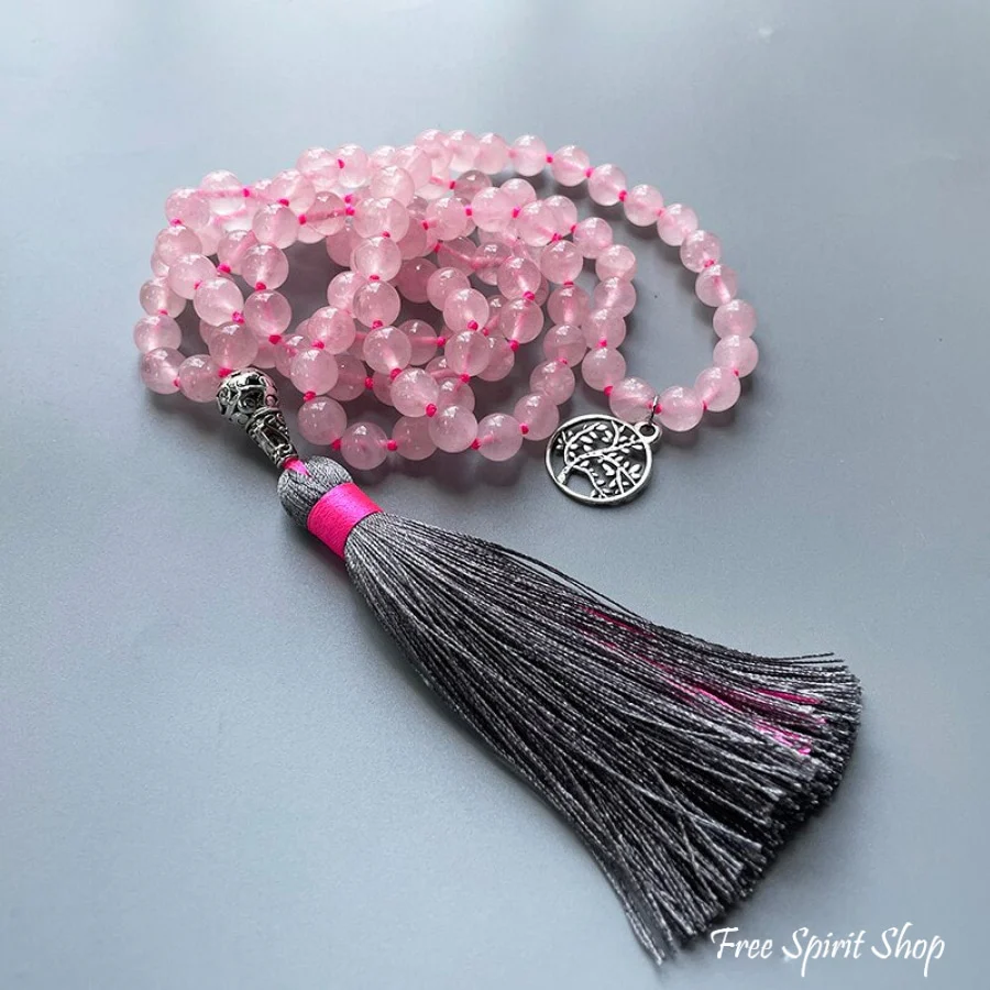 108 Natural Rose Quartz Tree of Life Mala Bead Necklace - Image 3
