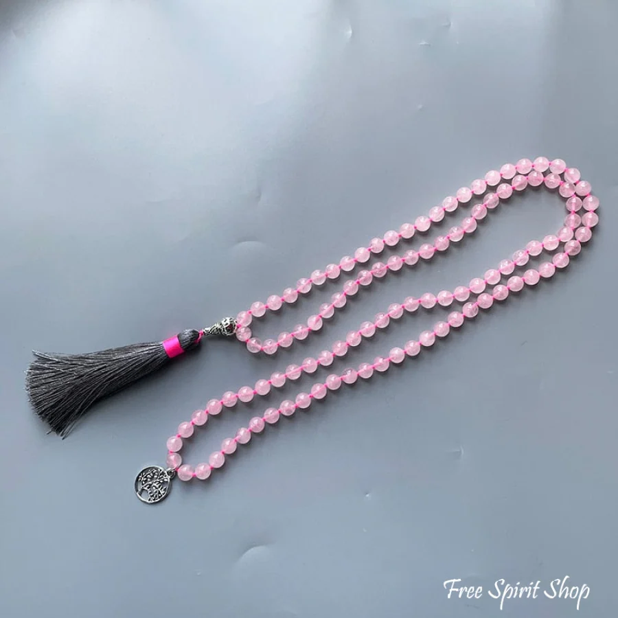 108 Natural Rose Quartz Tree of Life Mala Bead Necklace - Image 4