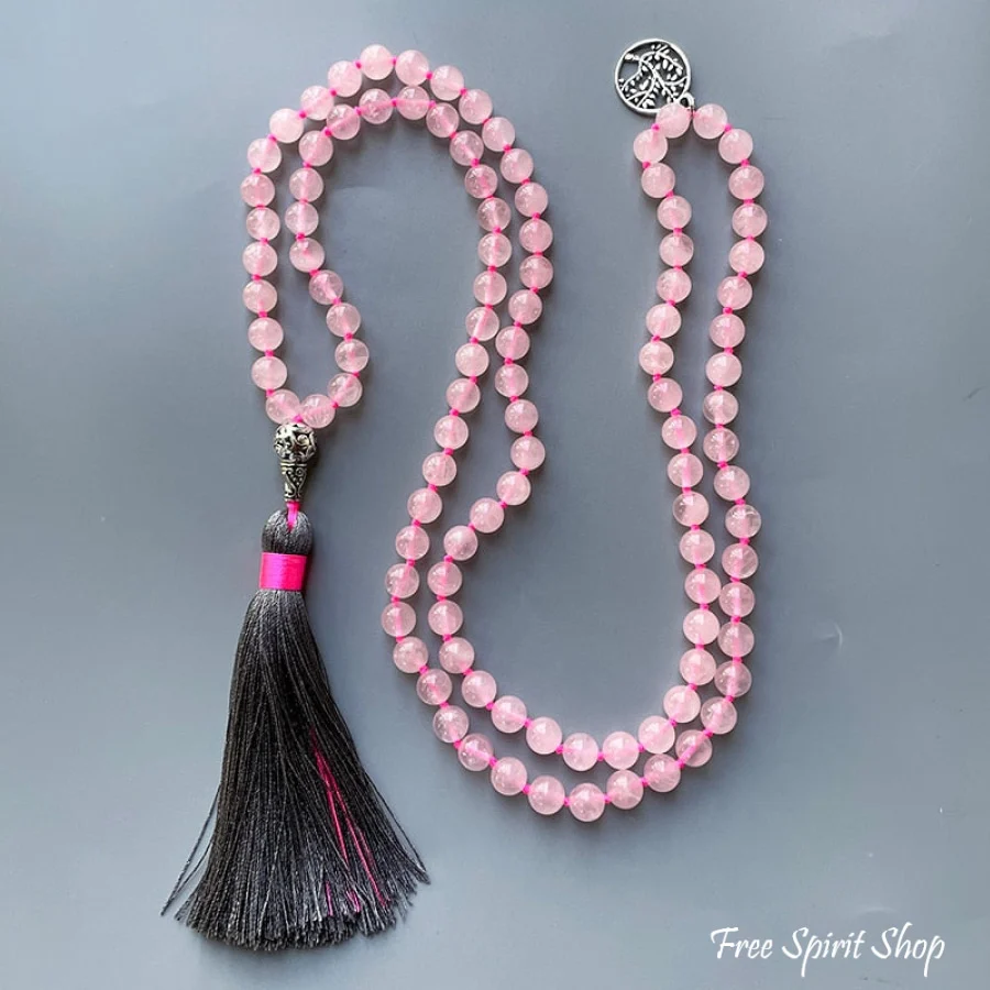 108 Natural Rose Quartz Tree of Life Mala Bead Necklace - Image 5