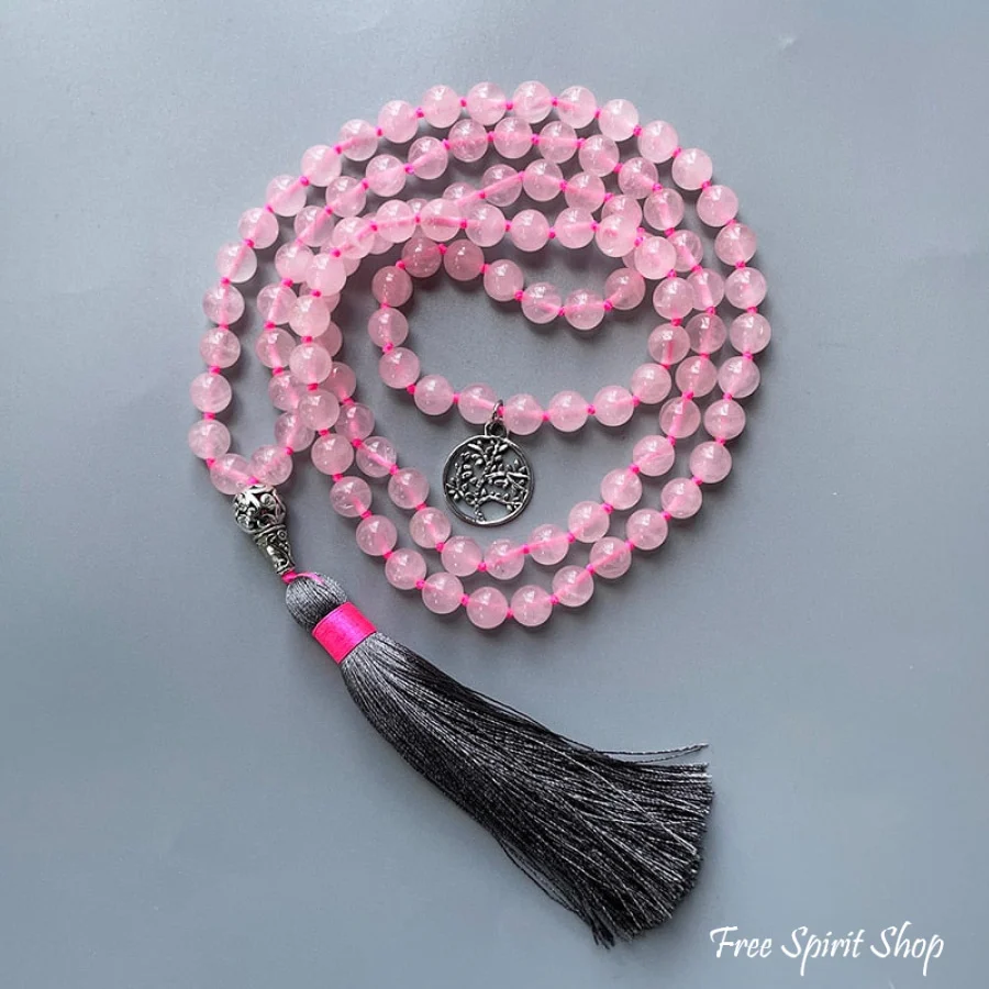 108 Natural Rose Quartz Tree of Life Mala Bead Necklace - Image 6