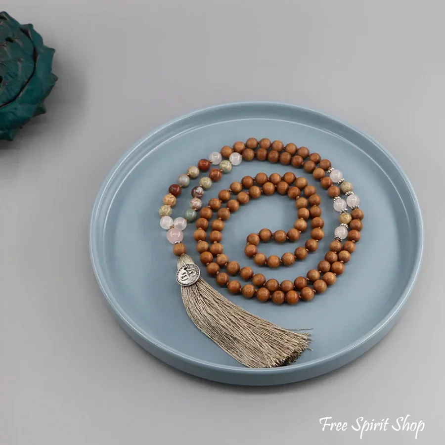 108 Natural Sandalwood Rose Quartz & Jasper Mala Bead Necklace - Image 2