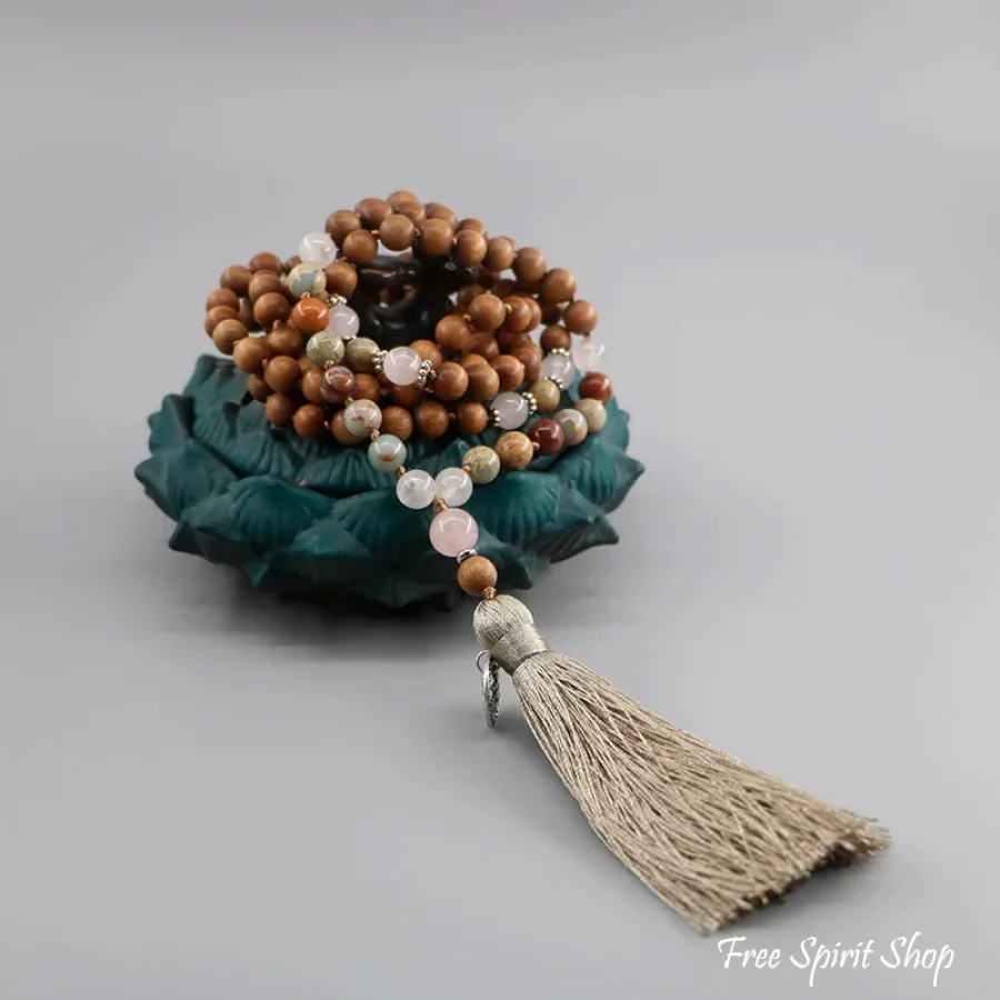 108 Natural Sandalwood Rose Quartz & Jasper Mala Bead Necklace - Image 3