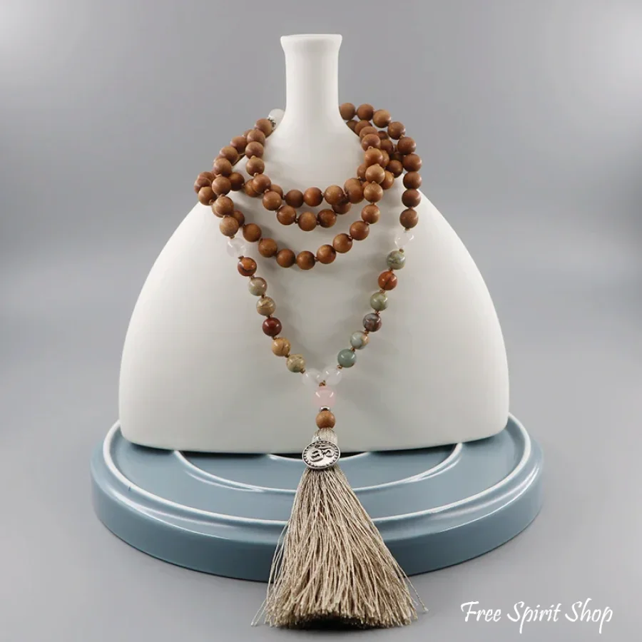 108 Natural Sandalwood Rose Quartz & Jasper Mala Bead Necklace - Image 4