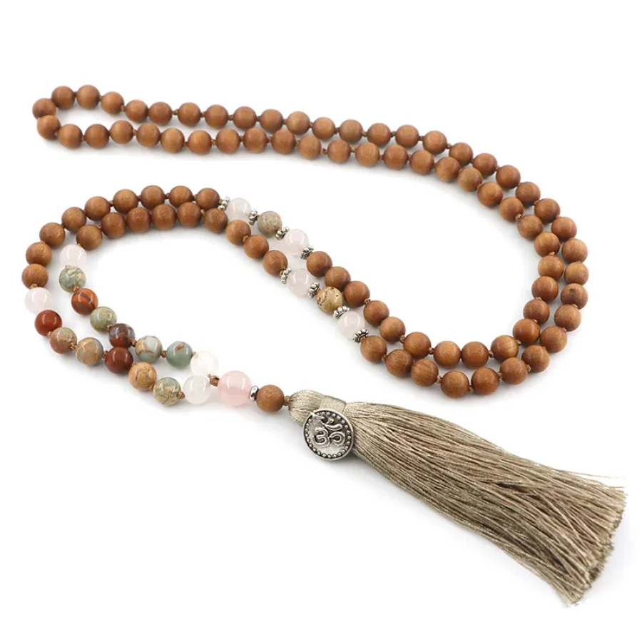 108 Natural Sandalwood Rose Quartz & Jasper Mala Bead Necklace - Image 5