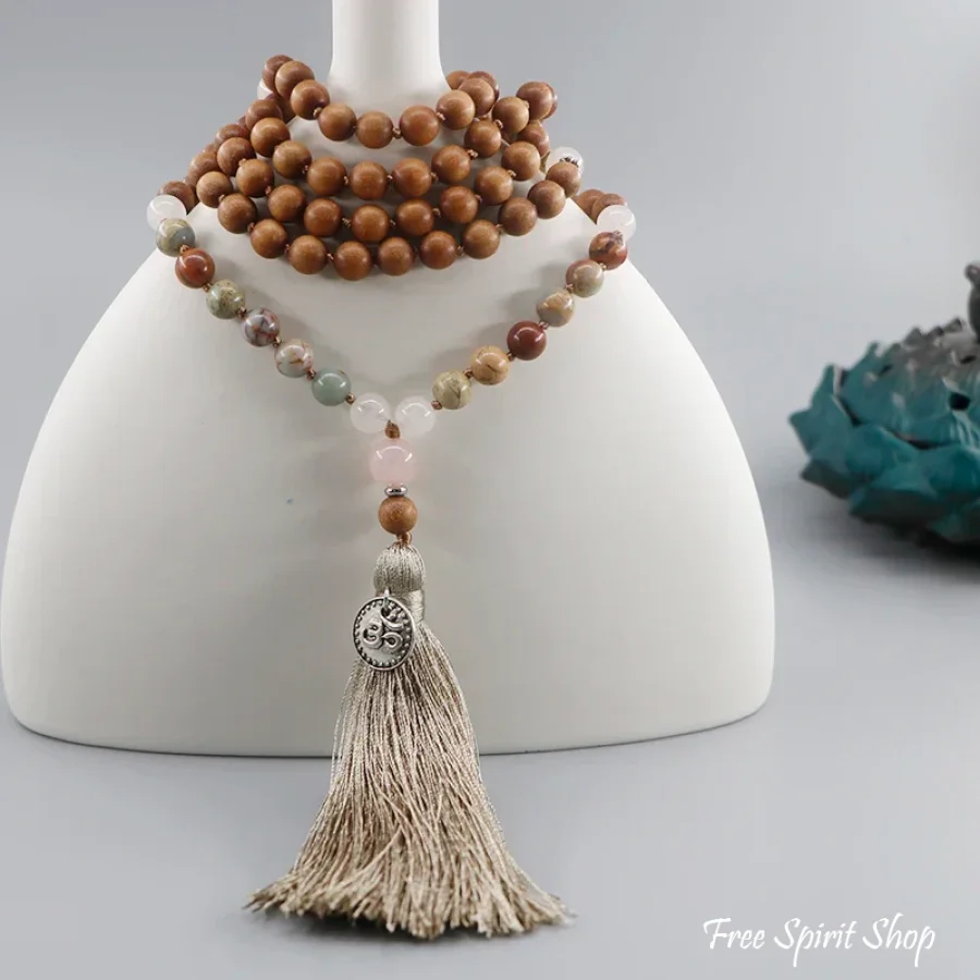 108 Natural Sandalwood Rose Quartz & Jasper Mala Bead Necklace - Image 6
