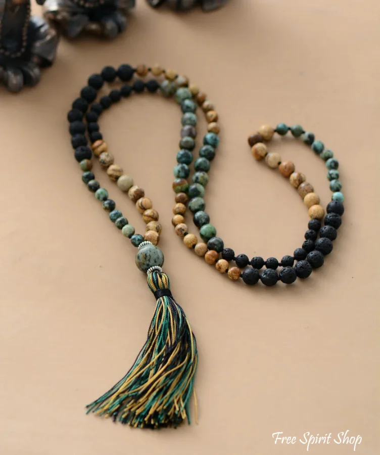 108 Natural Semi-Precious Jasper & Lava Stone Beads Mala Necklace - Image 5