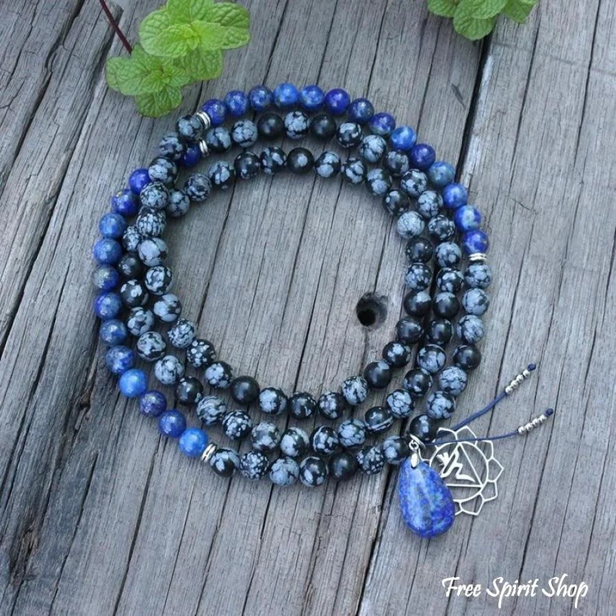 108 Natural Snowflake Obsidian & Lapis Lazuli Mala Prayer Beads necklace / bracelet - Image 3