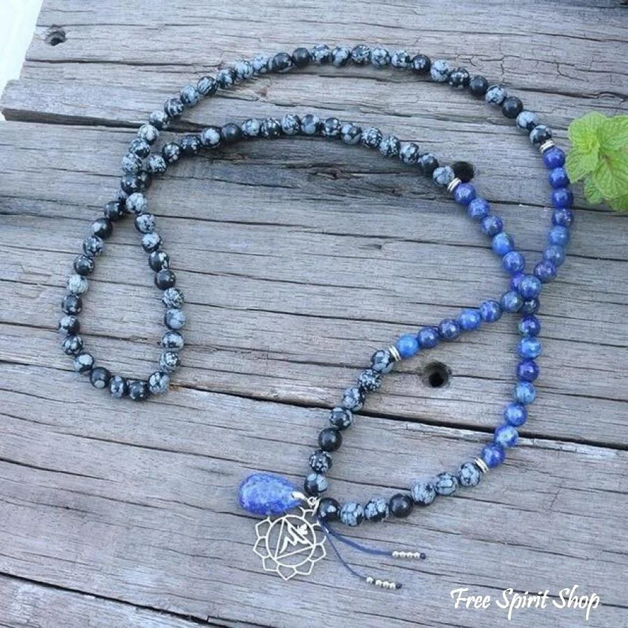 108 Natural Snowflake Obsidian & Lapis Lazuli Mala Prayer Beads necklace / bracelet - Image 4