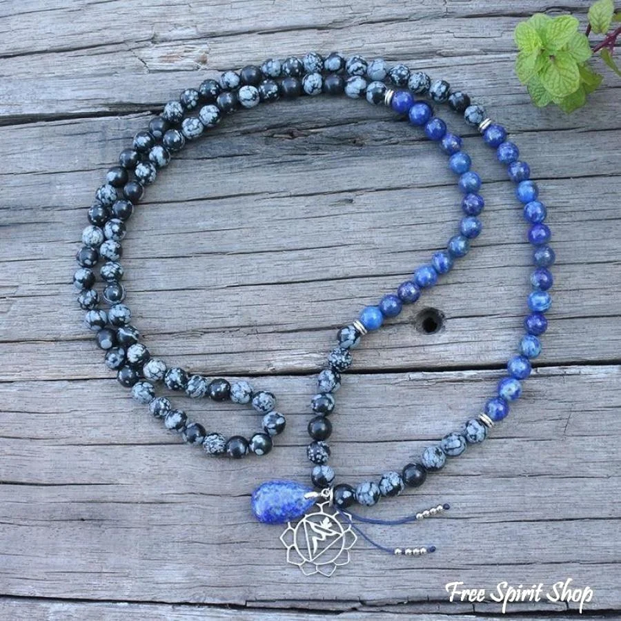 108 Natural Snowflake Obsidian & Lapis Lazuli Mala Prayer Beads necklace / bracelet - Image 6