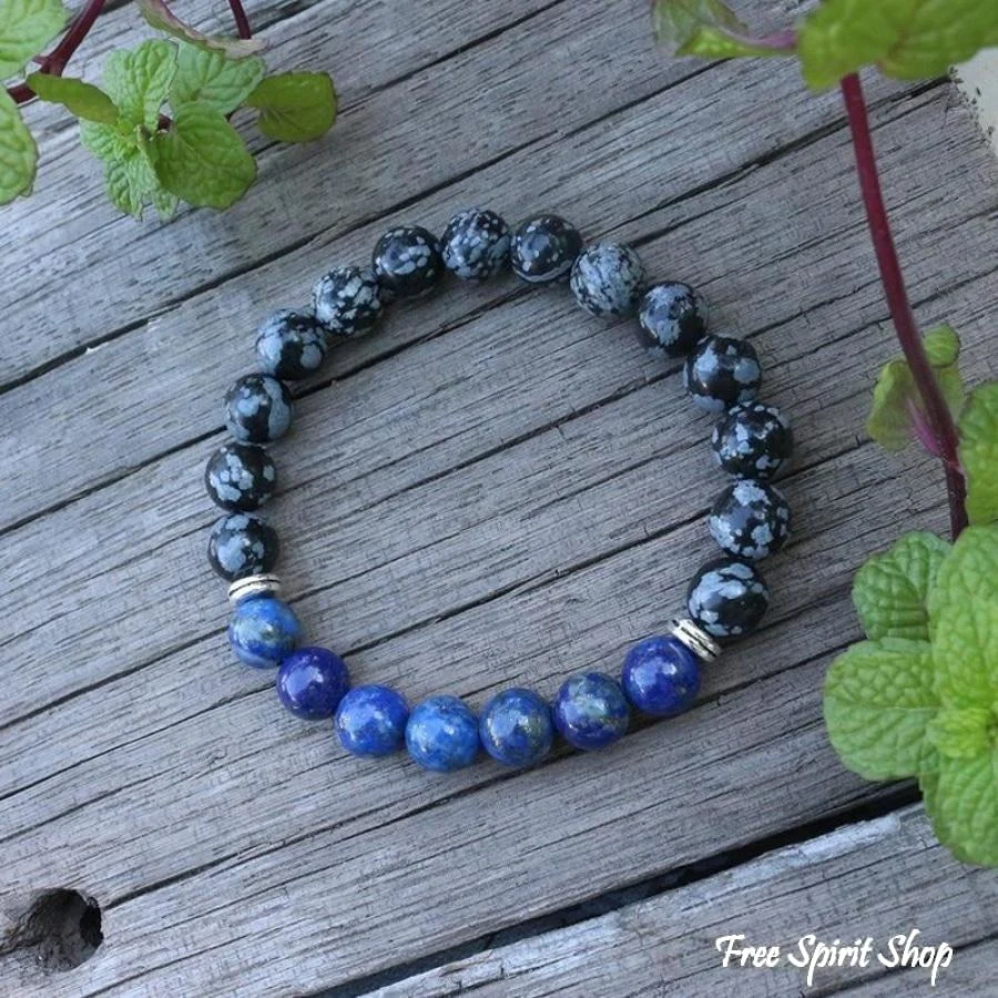 108 Natural Snowflake Obsidian & Lapis Lazuli Mala Prayer Beads necklace / bracelet - Image 8