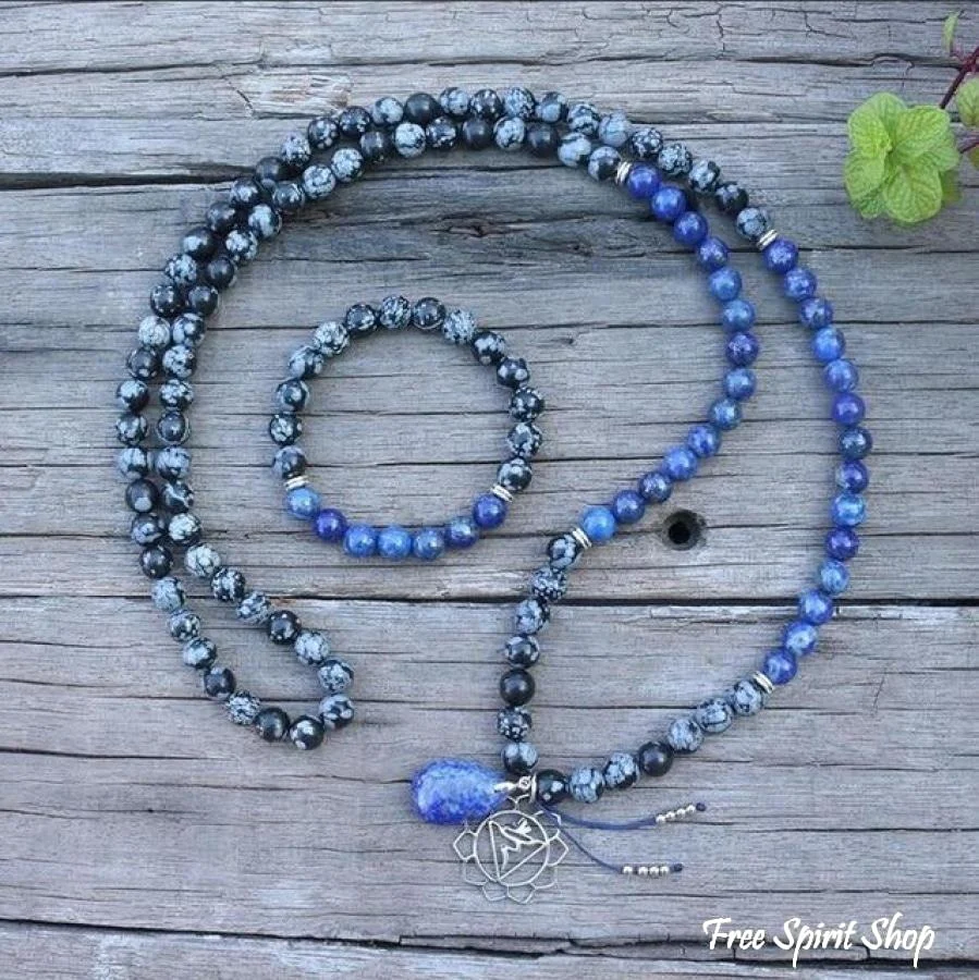 108 Natural Snowflake Obsidian & Lapis Lazuli Mala Prayer Beads necklace / bracelet - Image 9