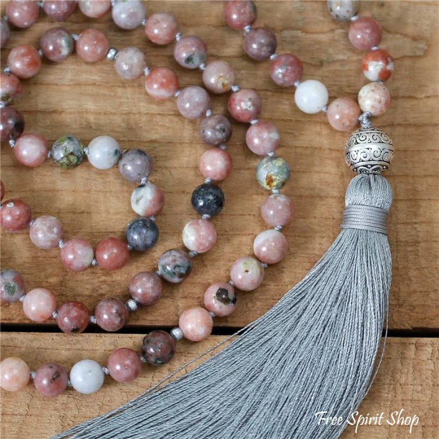 108 Natural Strawberry Agate Mala Bead Necklace - Image 2