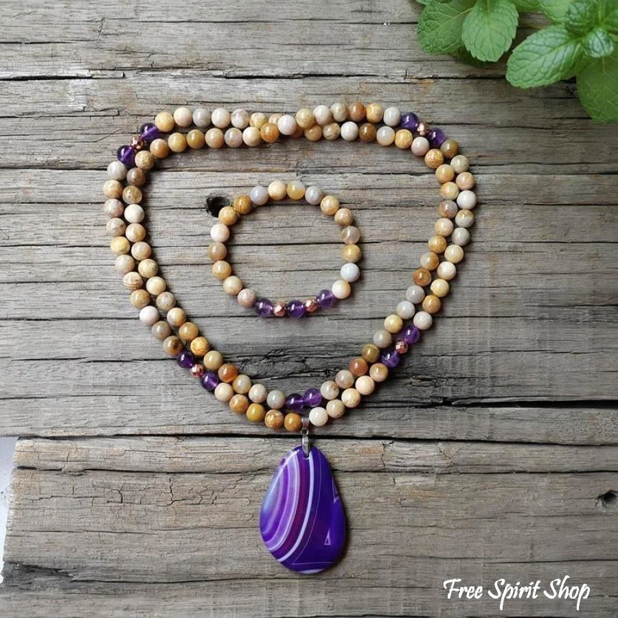 108 Natural Sunstone Amethyst & Purple Agate Mala Bead Necklace / Bracelet - Image 3