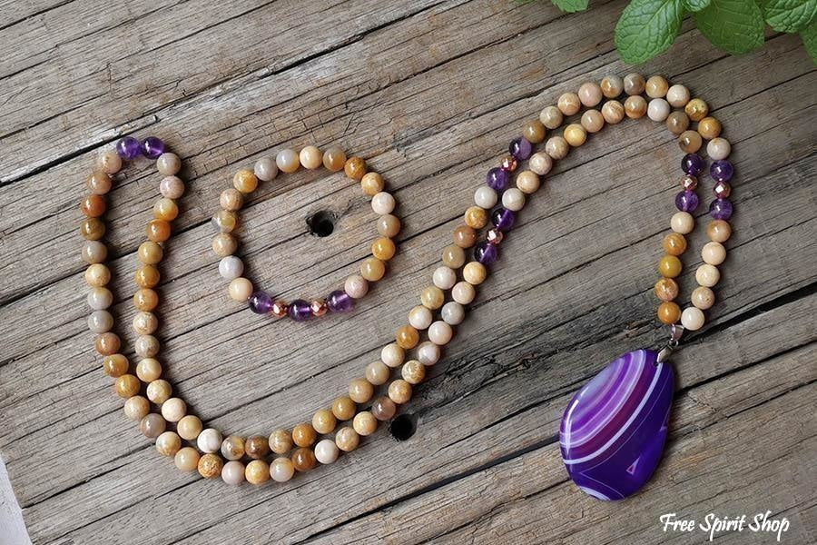 108 Natural Sunstone Amethyst & Purple Agate Mala Bead Necklace / Bracelet - Image 4
