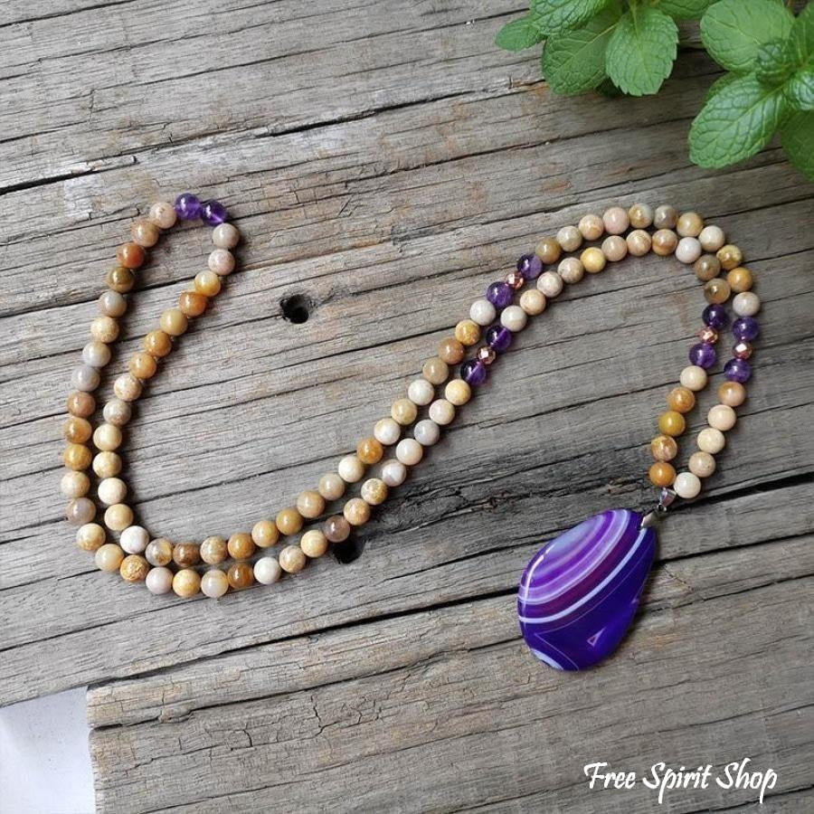 108 Natural Sunstone Amethyst & Purple Agate Mala Bead Necklace / Bracelet - Image 5