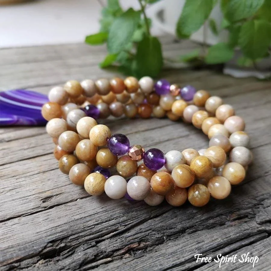 108 Natural Sunstone Amethyst & Purple Agate Mala Bead Necklace / Bracelet - Image 6