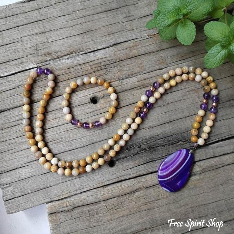 108 Natural Sunstone Amethyst & Purple Agate Mala Bead Necklace / Bracelet - Image 7