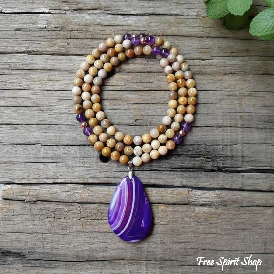 108 Natural Sunstone Amethyst & Purple Agate Mala Bead Necklace / Bracelet - Image 8