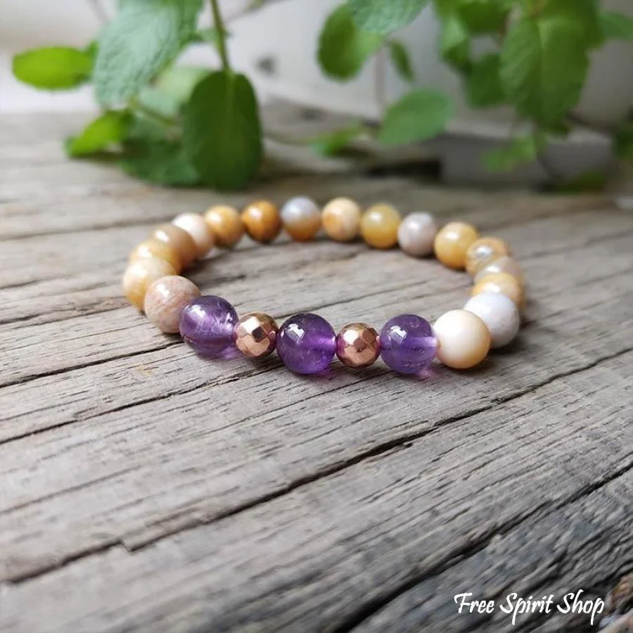 108 Natural Sunstone Amethyst & Purple Agate Mala Bead Necklace / Bracelet - Image 9