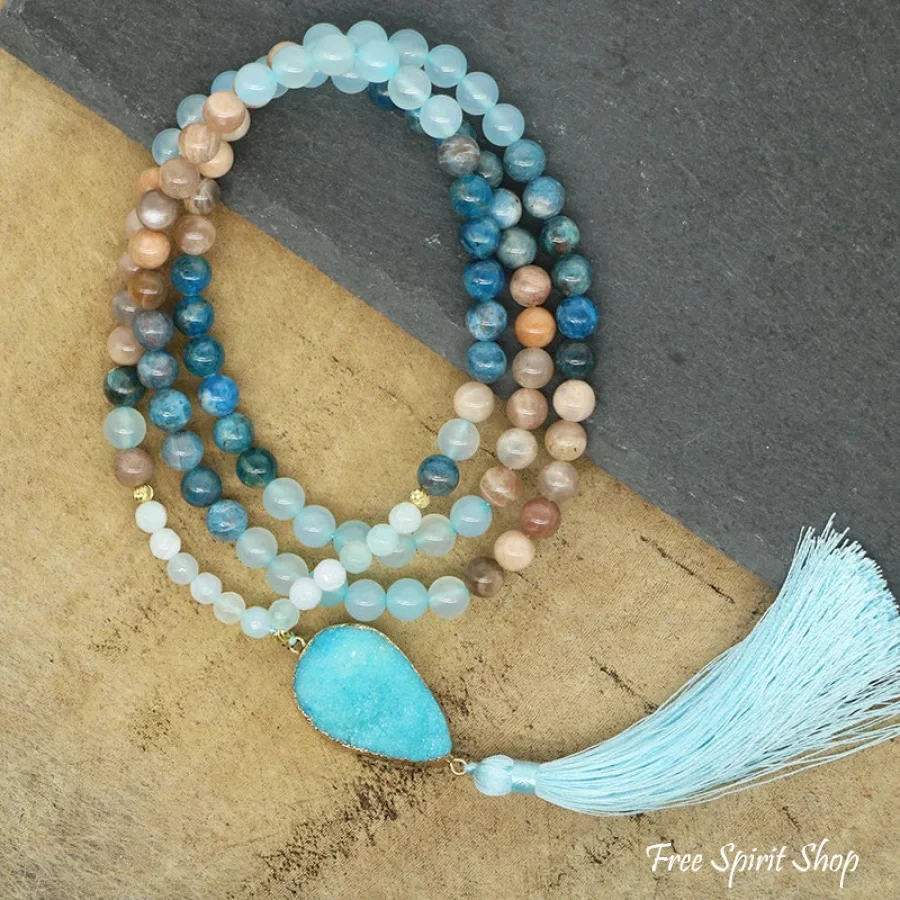 108 Natural Sunstone Apatite & Druzy Mala Bead Necklace - Image 3
