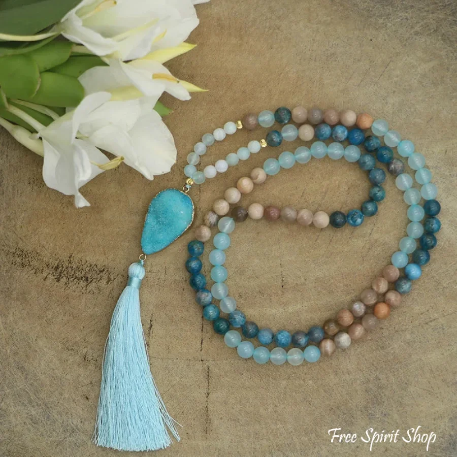 108 Natural Sunstone Apatite & Druzy Mala Bead Necklace - Image 4