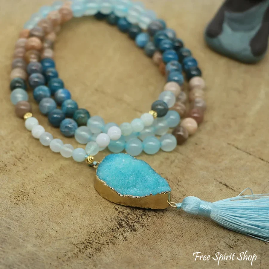 108 Natural Sunstone Apatite & Druzy Mala Bead Necklace - Image 6