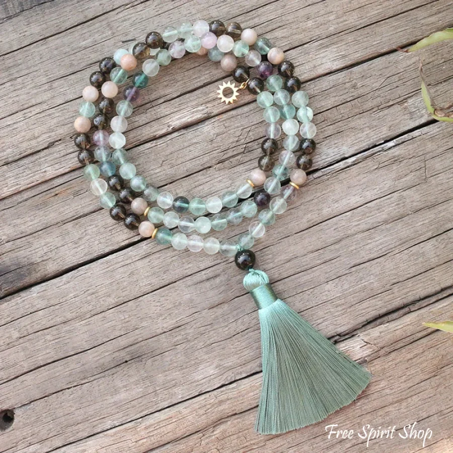 108 Natural Sunstone Fluorite & Smoky Quartz Mala Bead Necklace / Bracelet - Image 3