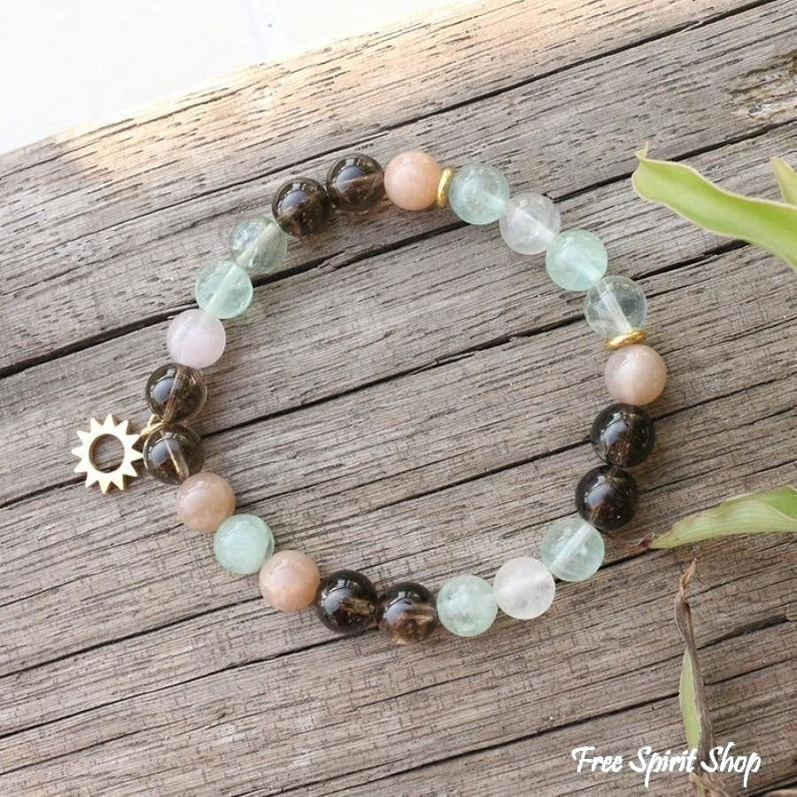 108 Natural Sunstone Fluorite & Smoky Quartz Mala Bead Necklace / Bracelet - Image 4