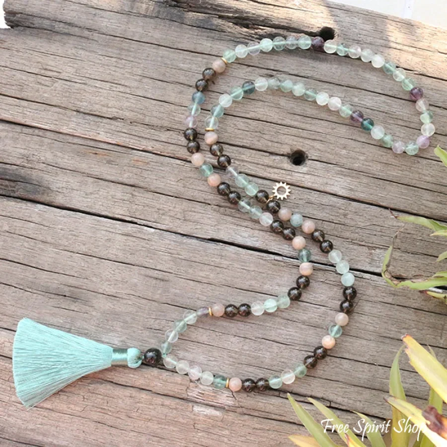 108 Natural Sunstone Fluorite & Smoky Quartz Mala Bead Necklace / Bracelet - Image 5