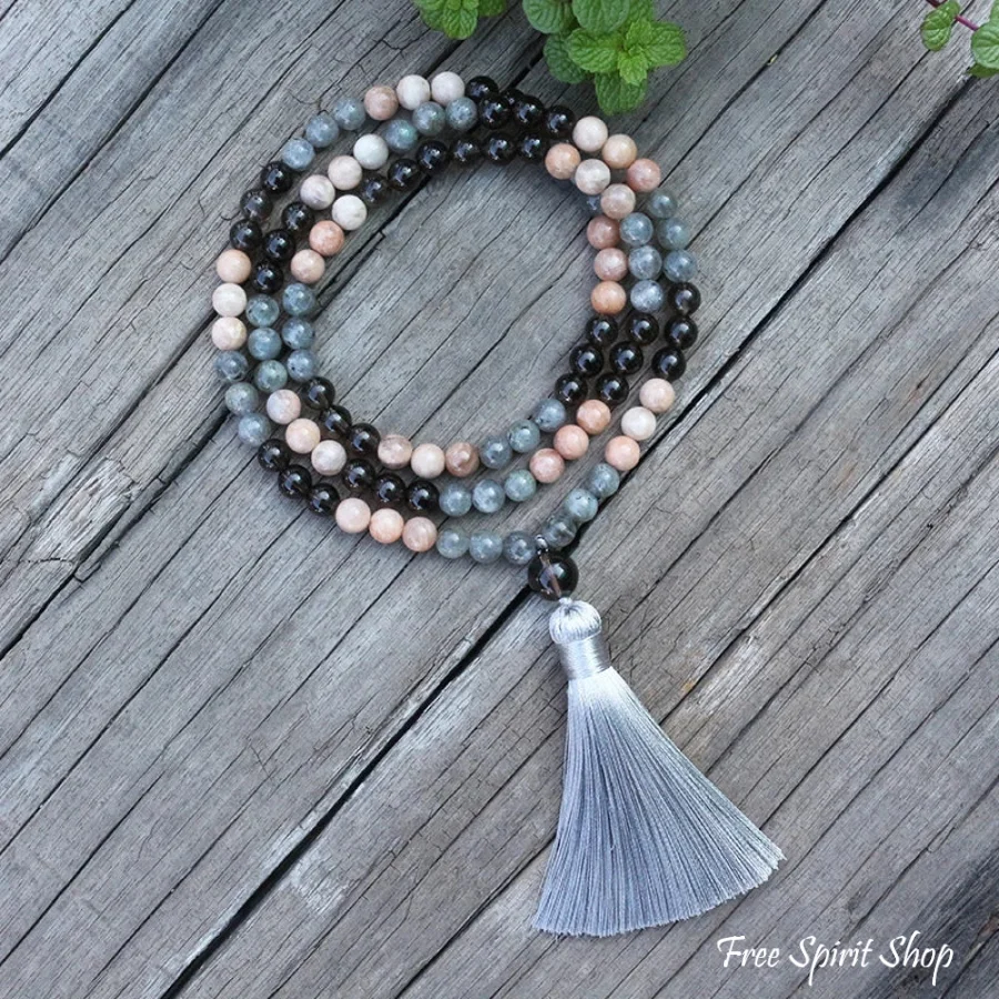 108 Natural Sunstone Labradorite & Smoky Quartz Mala Beads - Image 2