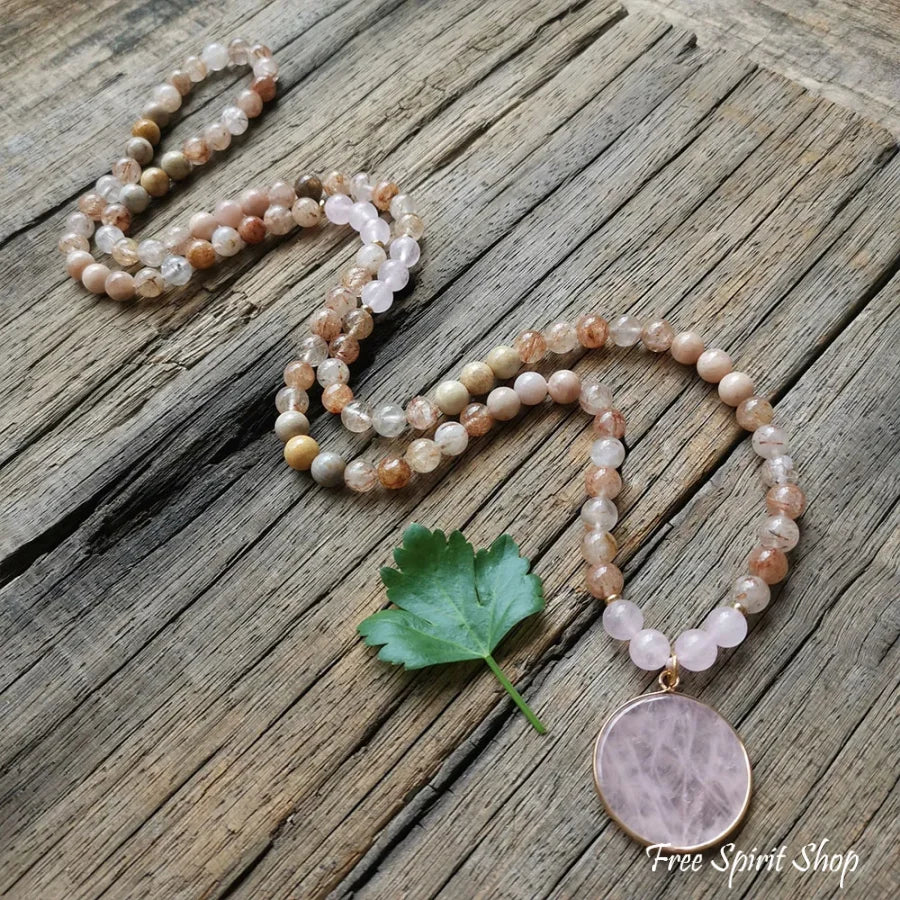 108 Natural Sunstone Rutilated Quartz & Rose Quartz Mala Bead Necklace / Bracelet - Image 4