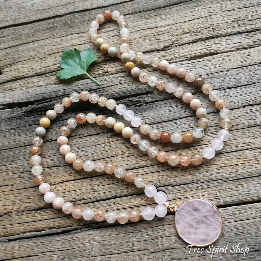 108 Natural Sunstone Rutilated Quartz & Rose Quartz Mala Bead Necklace / Bracelet - Image 5