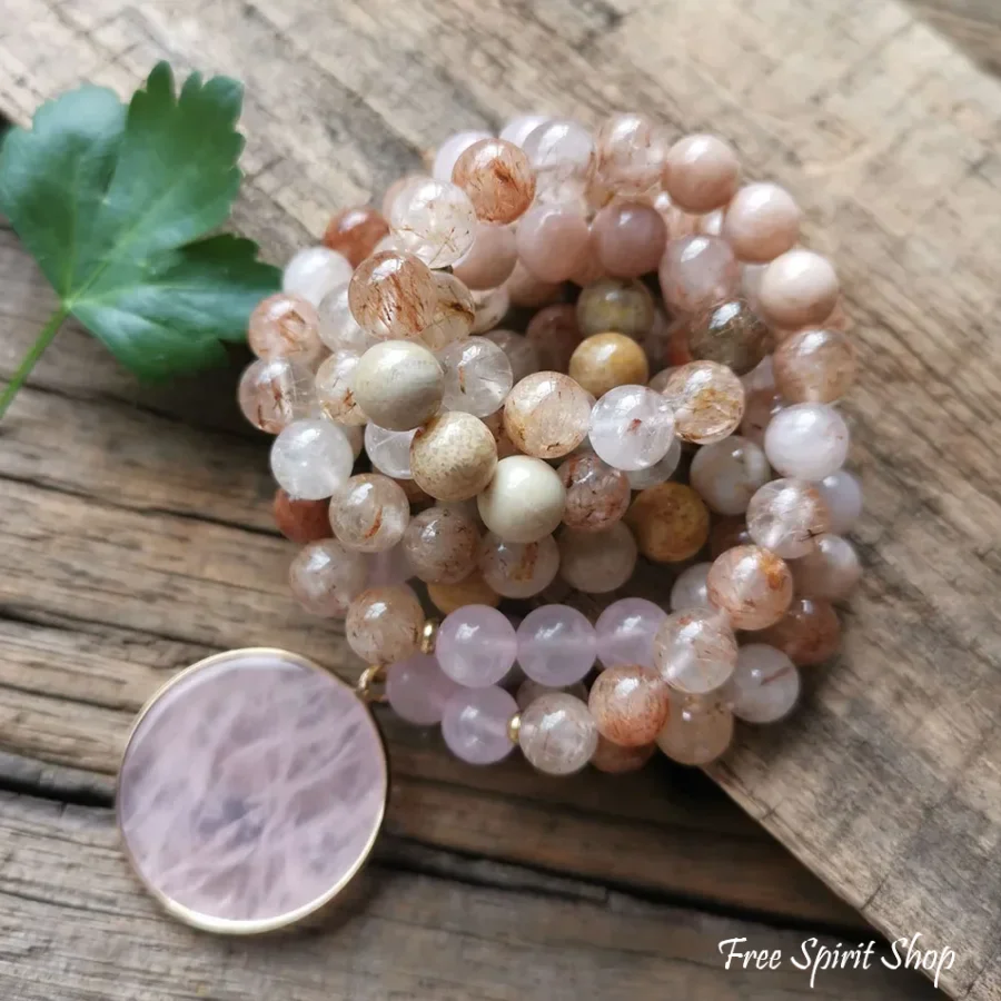 108 Natural Sunstone Rutilated Quartz & Rose Quartz Mala Bead Necklace / Bracelet - Image 6